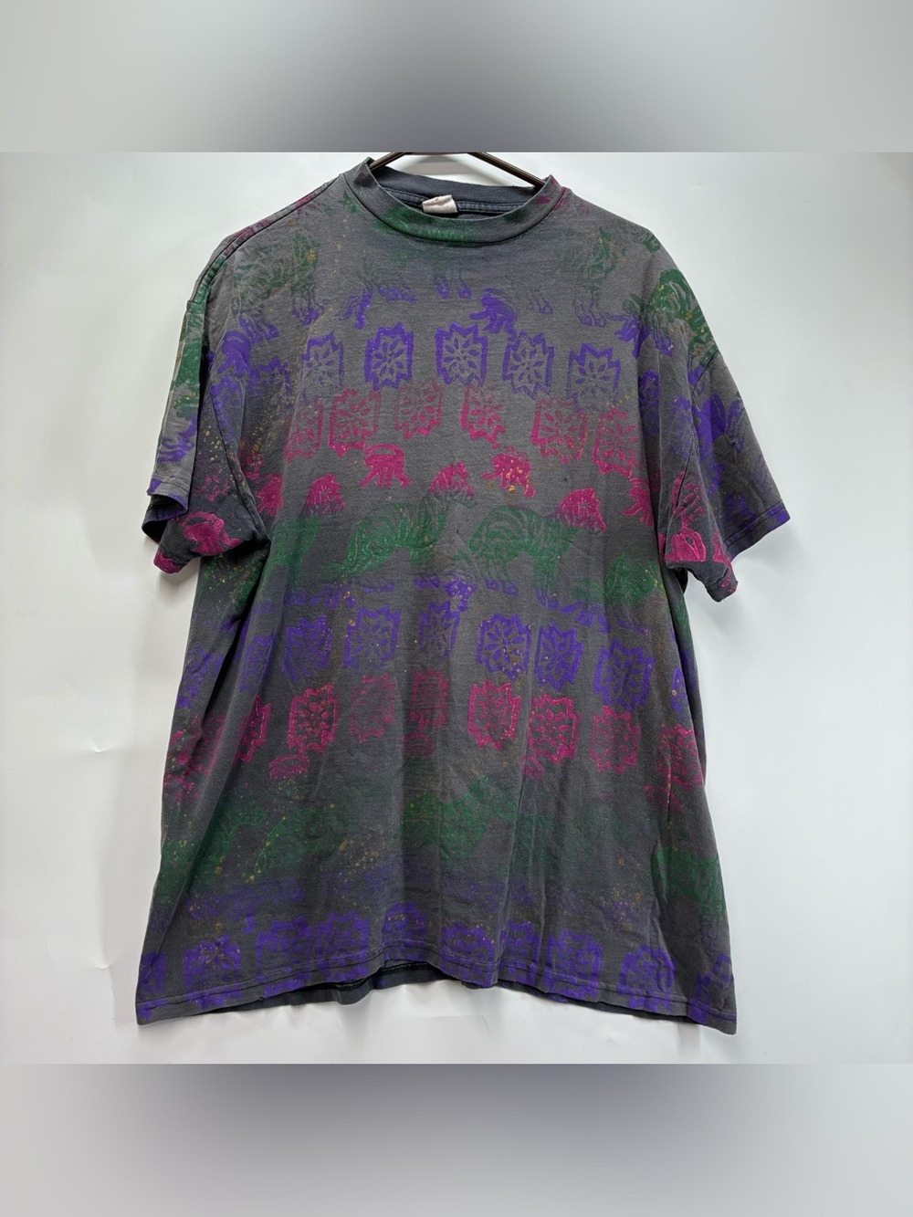 Vintage 90s AOP All Over Print XL Monkey Zoo Colorful Striped Short Sleeve Tee
